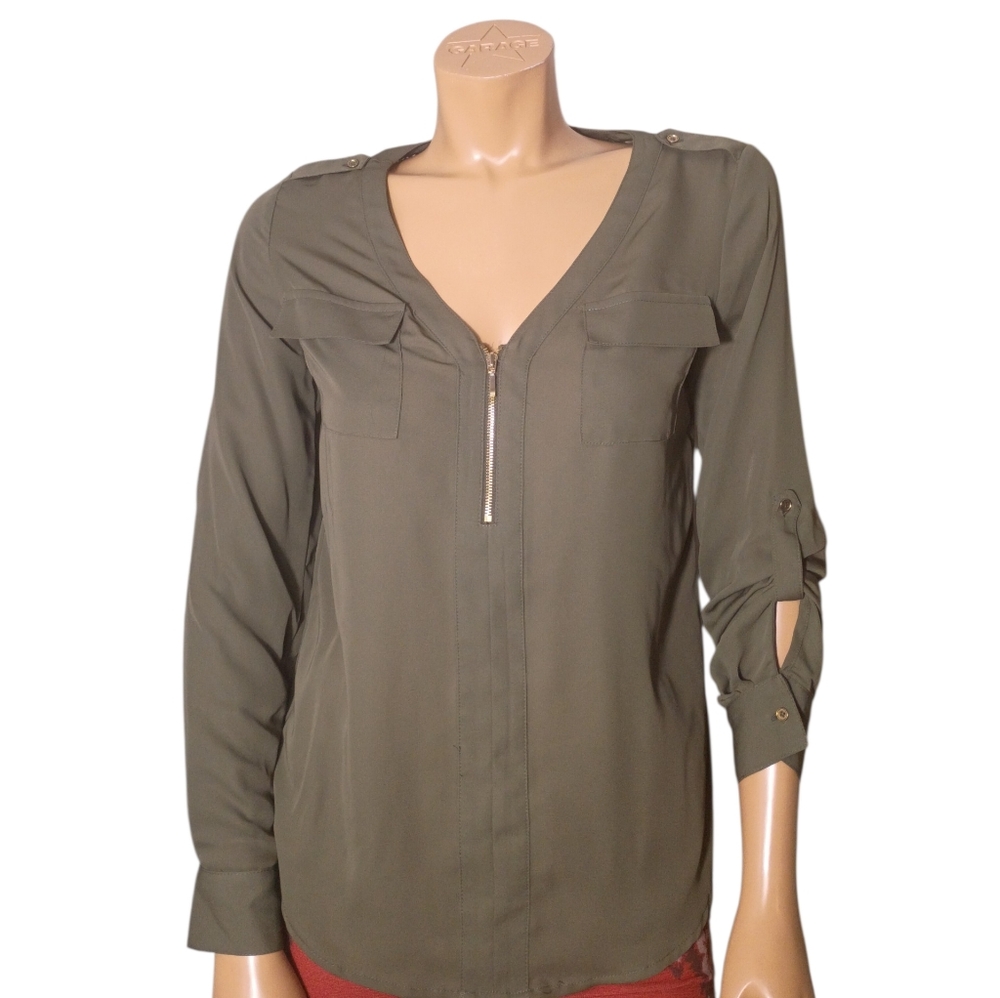 Candie's Olive Green Long Sleeve Zip-Front Blouse‎